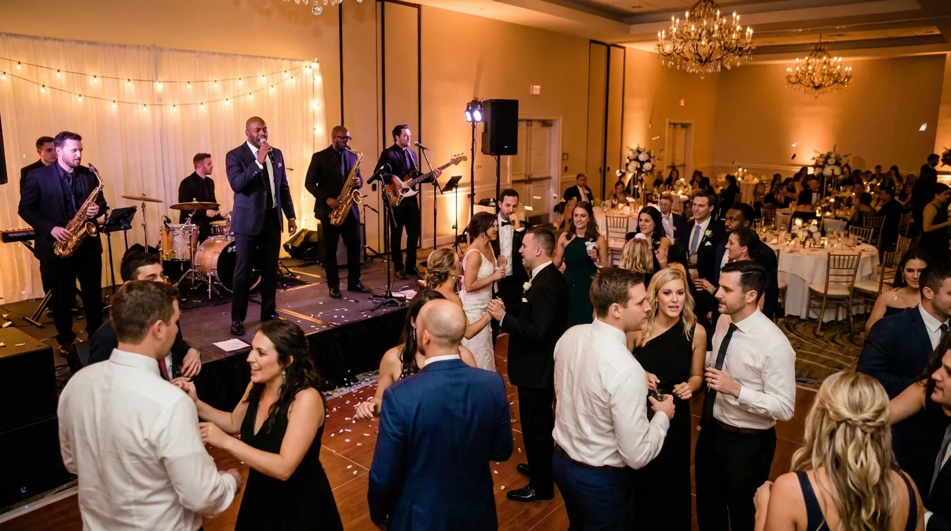A live band creates a vibrant atmosphere, filling the dance floor with energy.