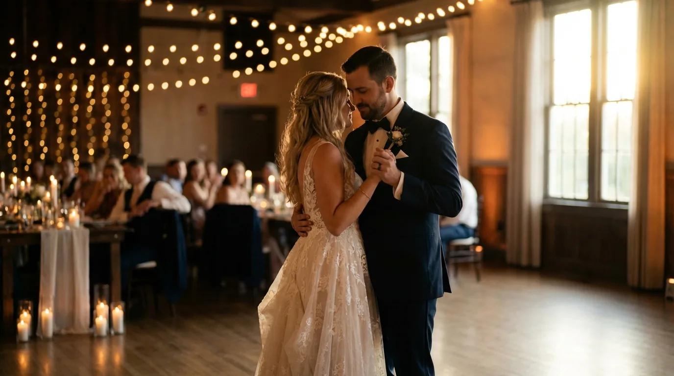 A tender moment during the first dance, captured in soft light.