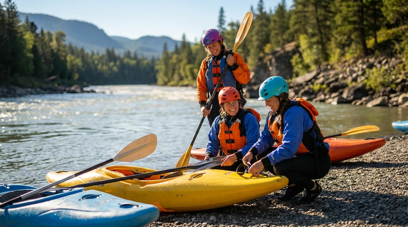 Bachelorette party geared up for a safe kayaking adventure — helmets and life jackets are a must!